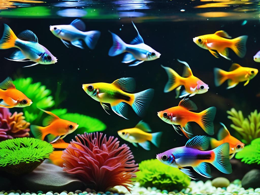 Яркие разноцветные гуппи в аквариуме