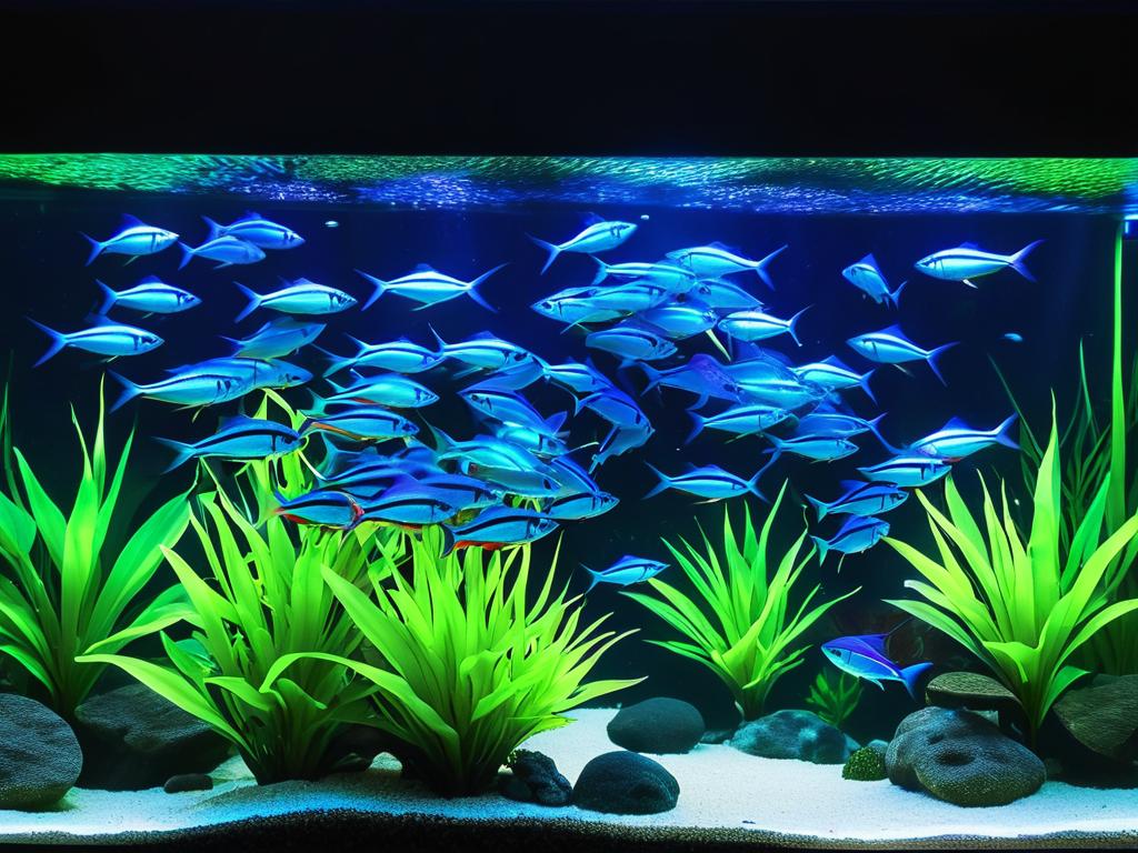 Стая светящихся неонов в синем свете аквариума