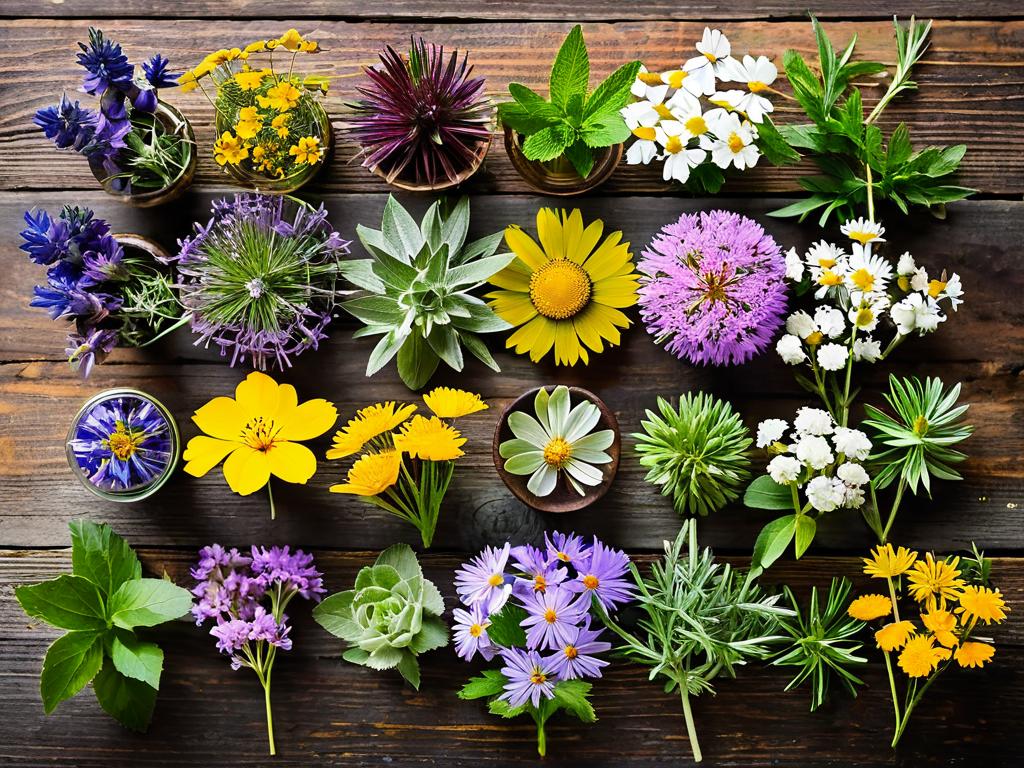 Разнообразие цветков лекарственных растений на старом столе, вид сверху