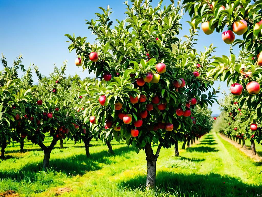 Яблоня в саду с плодами, готовыми к сбору урожая