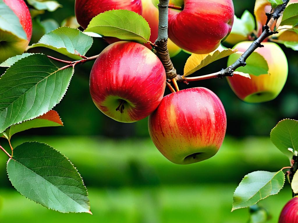 Крупные красные яблоки на ветке с листьями, фото крупным планом