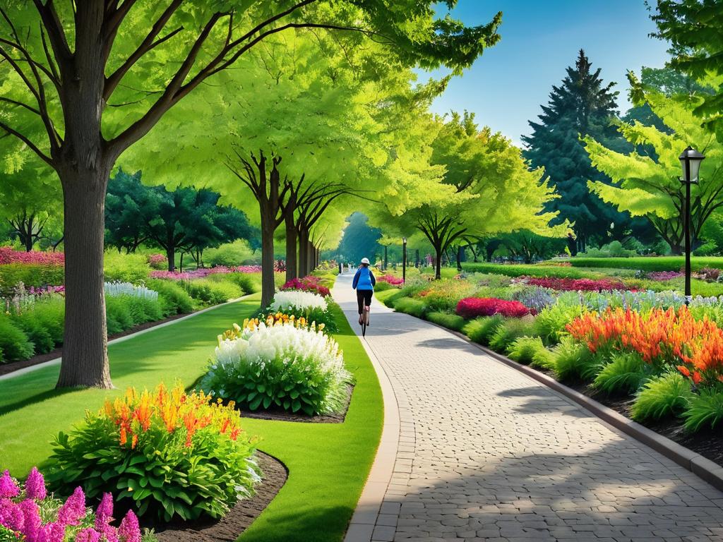 Фото хорошо обустроенной пешеходной дорожки в городском парке с деревьями, кустарниками и цветниками