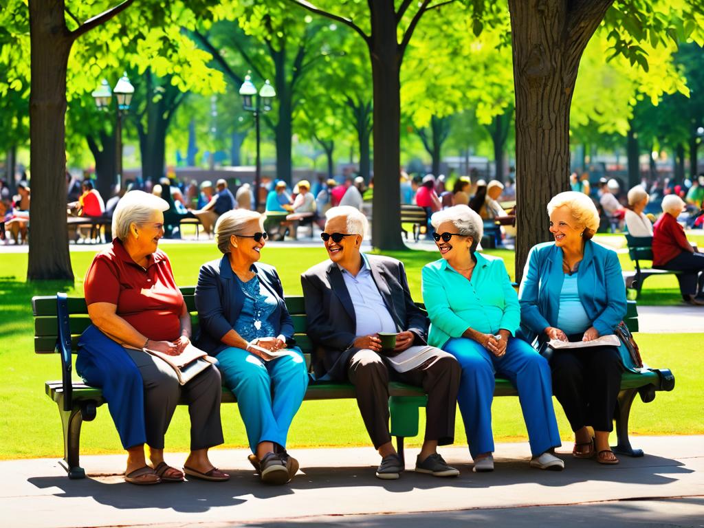Люди разных возрастов сидят на лавочках в парке, отдыхают и общаются