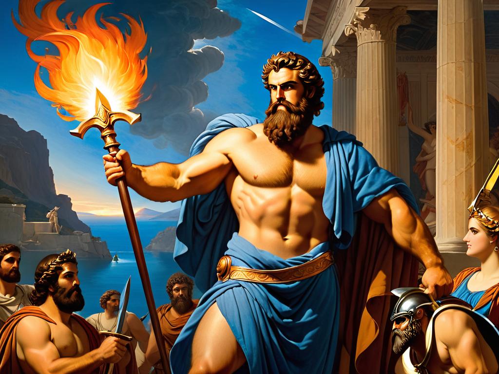 Картина, изображающая Гефеста, греческого бога огня, дарящего скованное им оружие Афродите. Он
