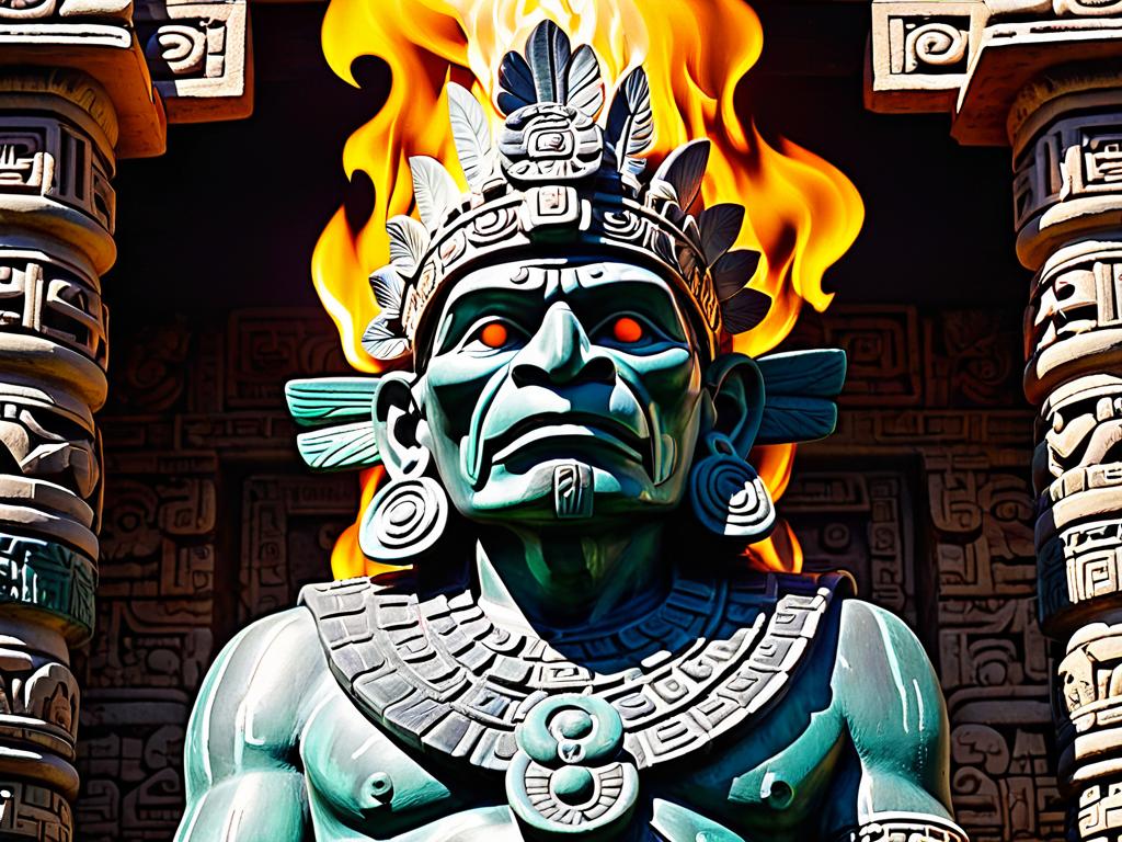 Статуя, изображающая Шиутекутли, ацтекского бога огня. У него старческое морщинистое лицо и горящие
