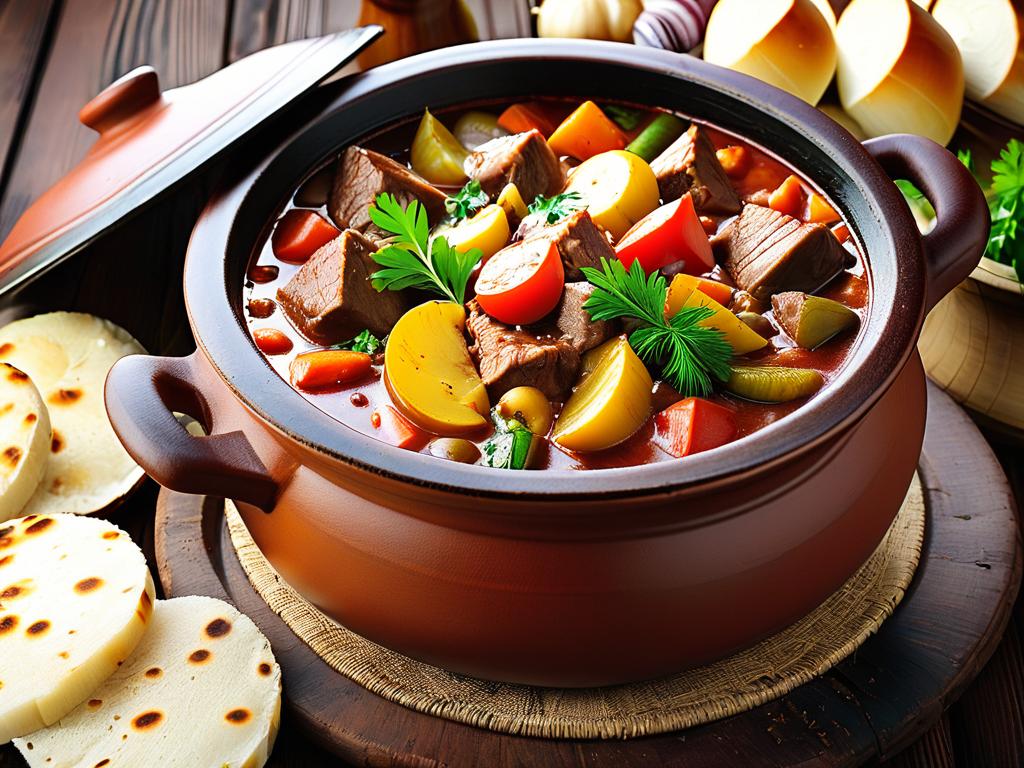 Фотография аппетитного рагу с мясом, овощами и соусом, приготовленного в традиционном глиняном