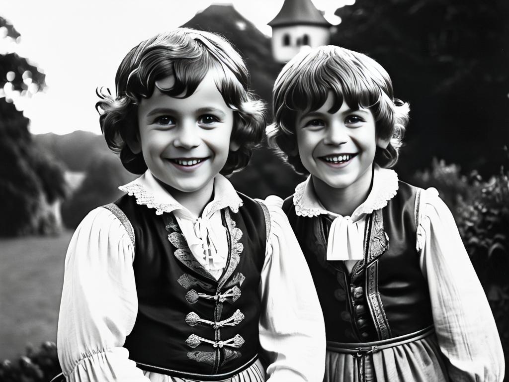 Черно-белая фотография юных братьев Гримм в одежде 19 века с улыбками
