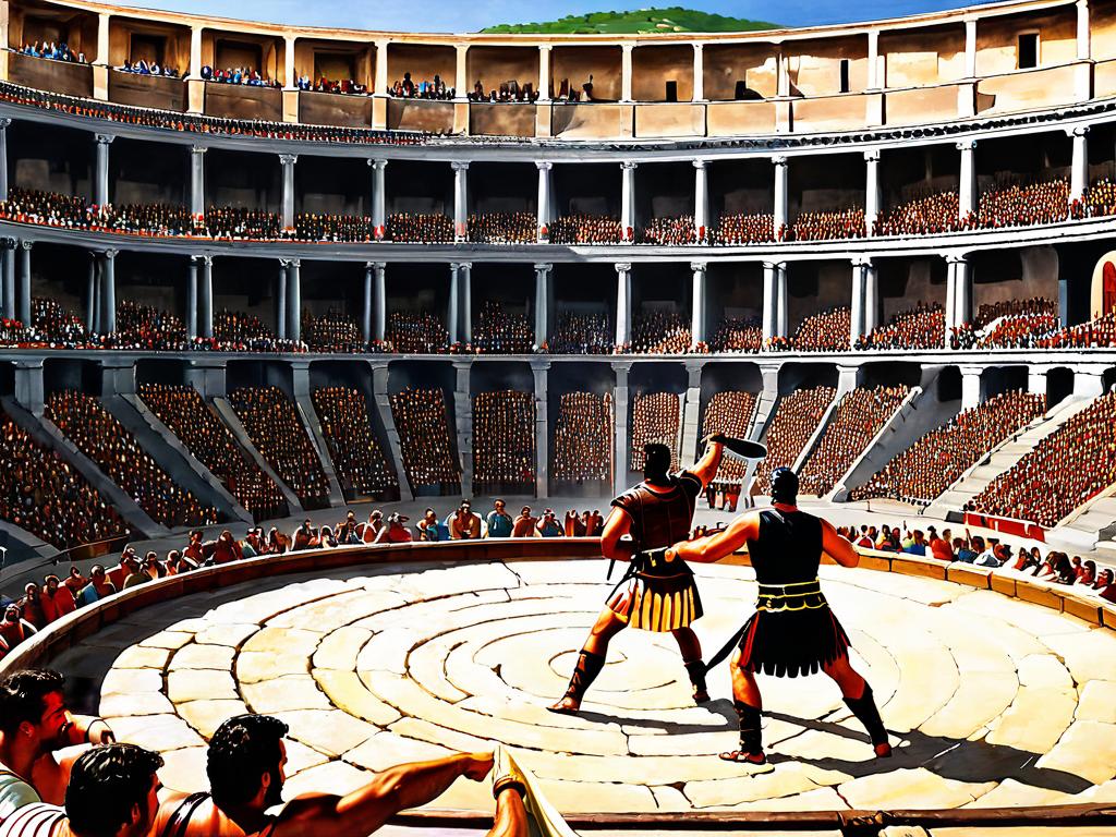 Картина, изображающая бой гладиаторов на римской арене при аудитории зрителей. Показывает