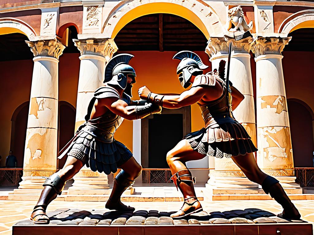 Статуя, изображающая сражающихся гладиаторов. Демонстрирует правила и приемы гладиаторских боев.