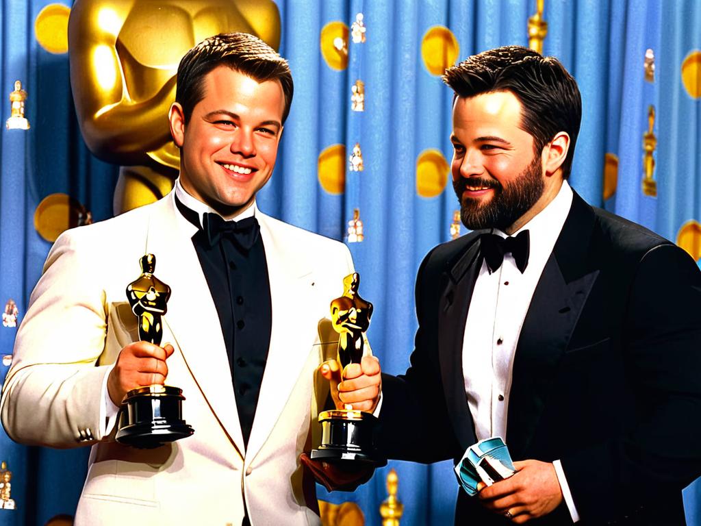 Мэтт Деймон и Бен Аффлек на церемонии Оскар в 1998 году после победы за сценарий к фильму Умница