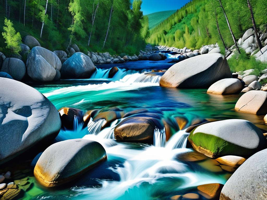 Горная река насыщенного бирюзового цвета, стекающая по гранитным валунам в узком ущелье на Южном