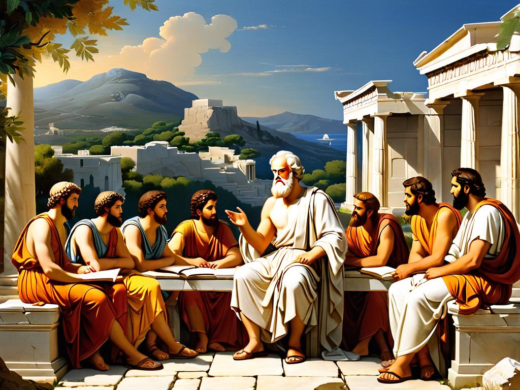 Сцена Древней Греции, где юный Сократ получает образование и ведет философские дискуссии с учеными