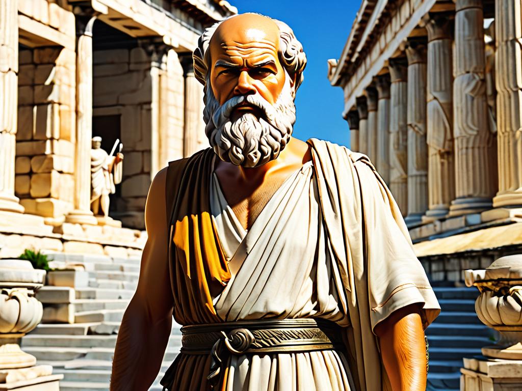 Сократ идет по улицам Древних Афин, вовлекая прохожих в философские дебаты, чтобы заставить их