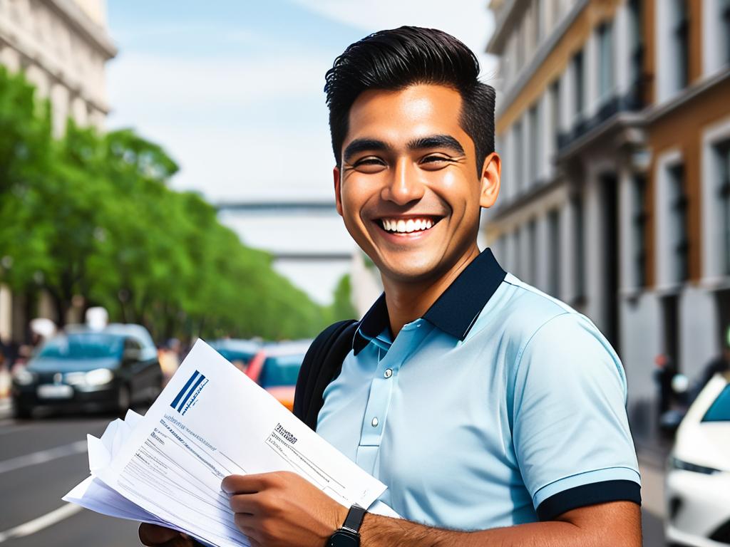 Довольный иммигрант держит документы, позволяющие ему работать за границей