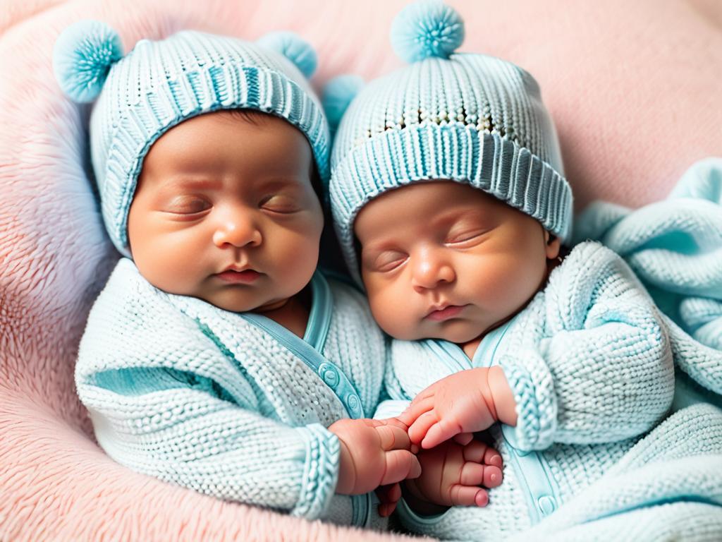 Две новорожденные близнецы держатся за ручки.