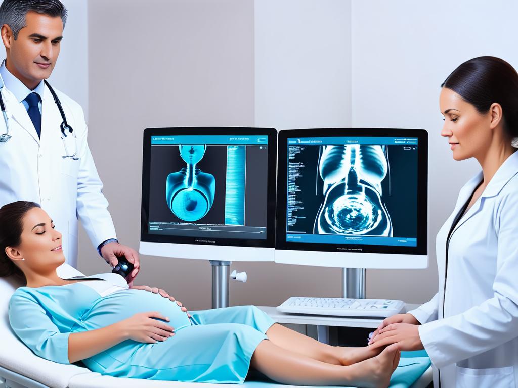 Беременная женщина проходит ультразвуковое обследование, врач анализирует изображения на экране.