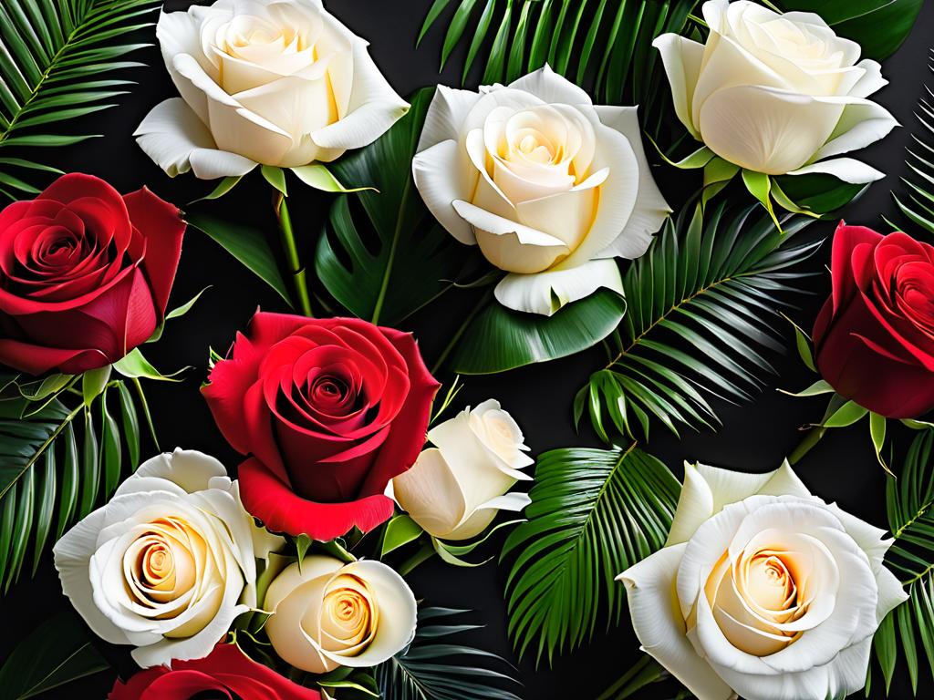 Букеты из красных и белых роз с пальмовыми листьями на черном фоне