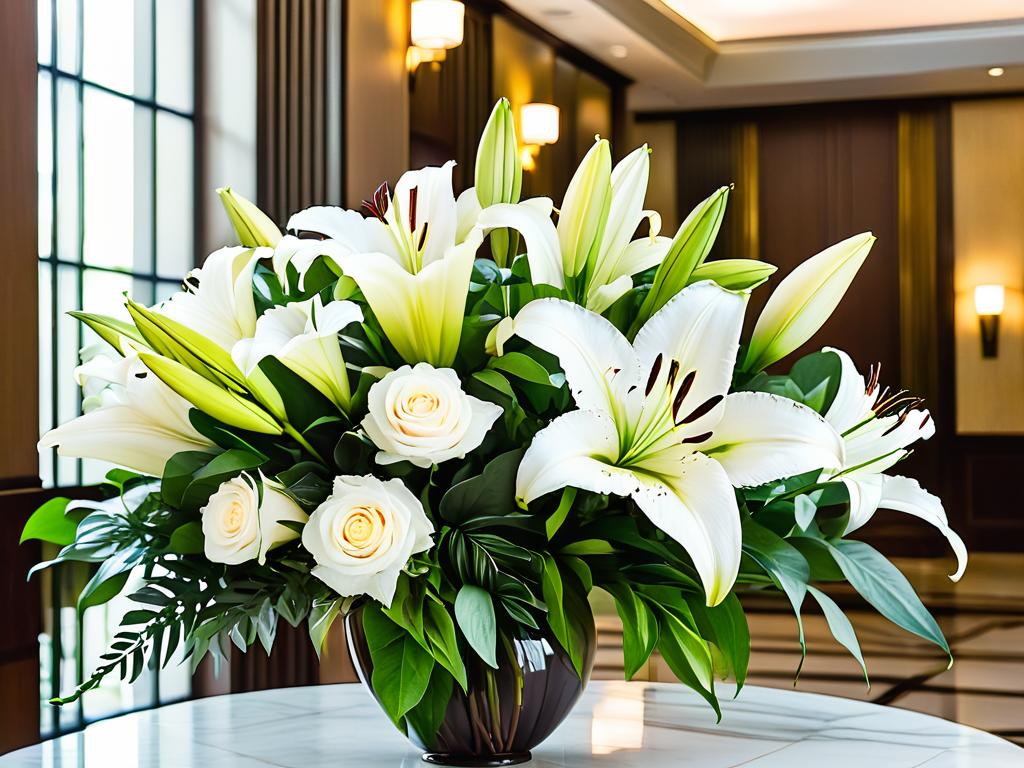 Роскошный букет с белыми лилиями, розами и зеленью в холле отеля