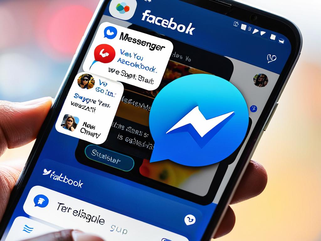 Значок приложения Facebook Messenger и интерфейс чата на экране смартфона
