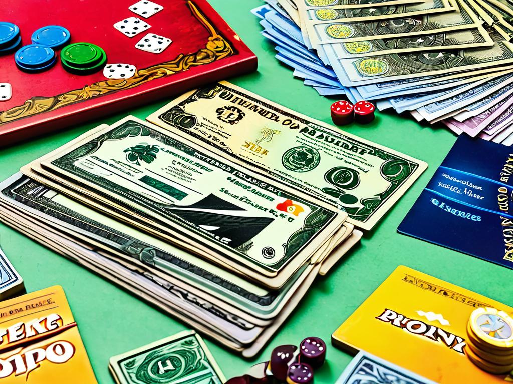 Различные настольные экономические игры на столе с фишками денег и ресурсов