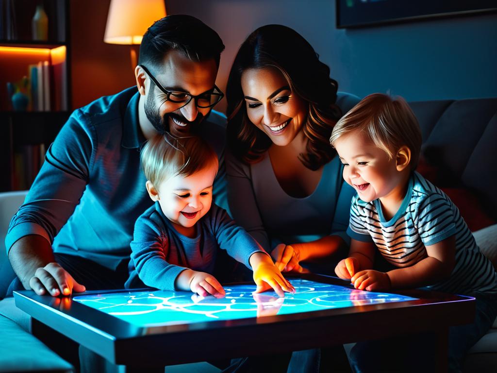Счастливая семья с ребенком играет с интерактивным столом