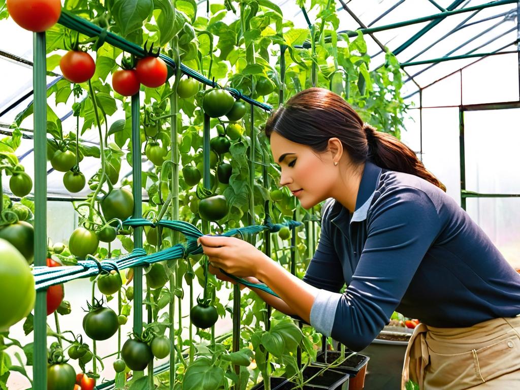Женщина-огородник подвязывает стебли томатов к опорам в теплице