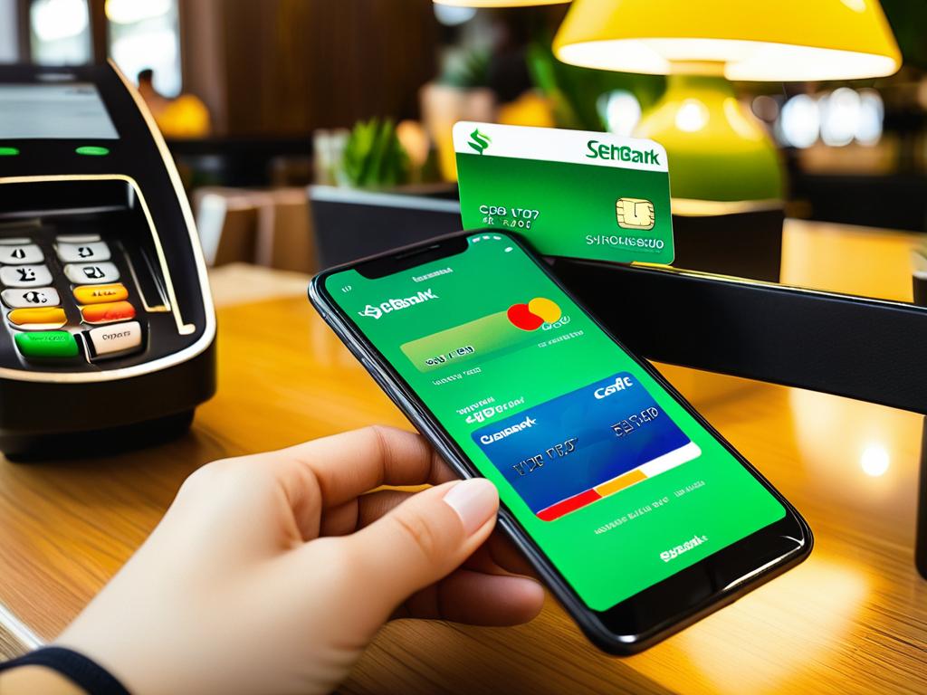 Человек оплачивает счет в кафе при помощи мобильного приложения Сбербанка