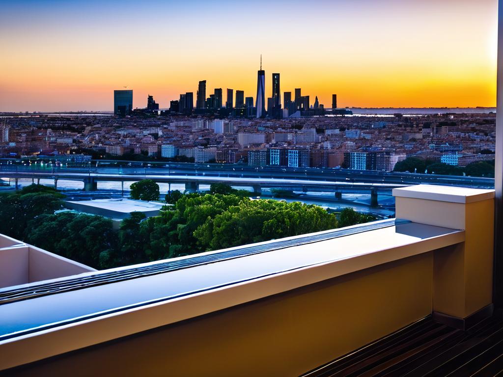 Вид на закат из окна гостиничного номера с видом на город