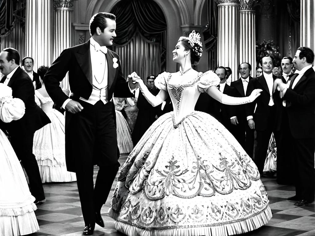 Женщина в роскошном бальном платье 19 века танцует с мужчиной на балу