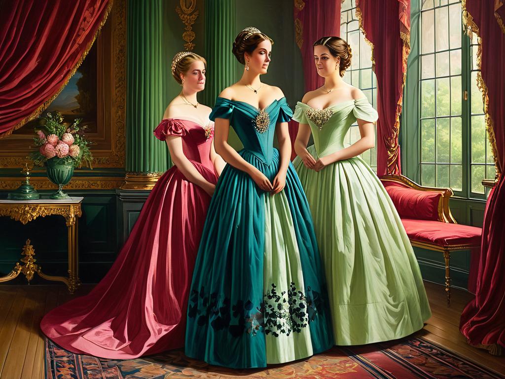Картина с изображением двух женщин 19 века в разных бальных платьях