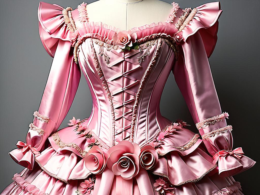 Розовое бальное платье 19 века, украшенное оборками, лентами, цветами и перьями