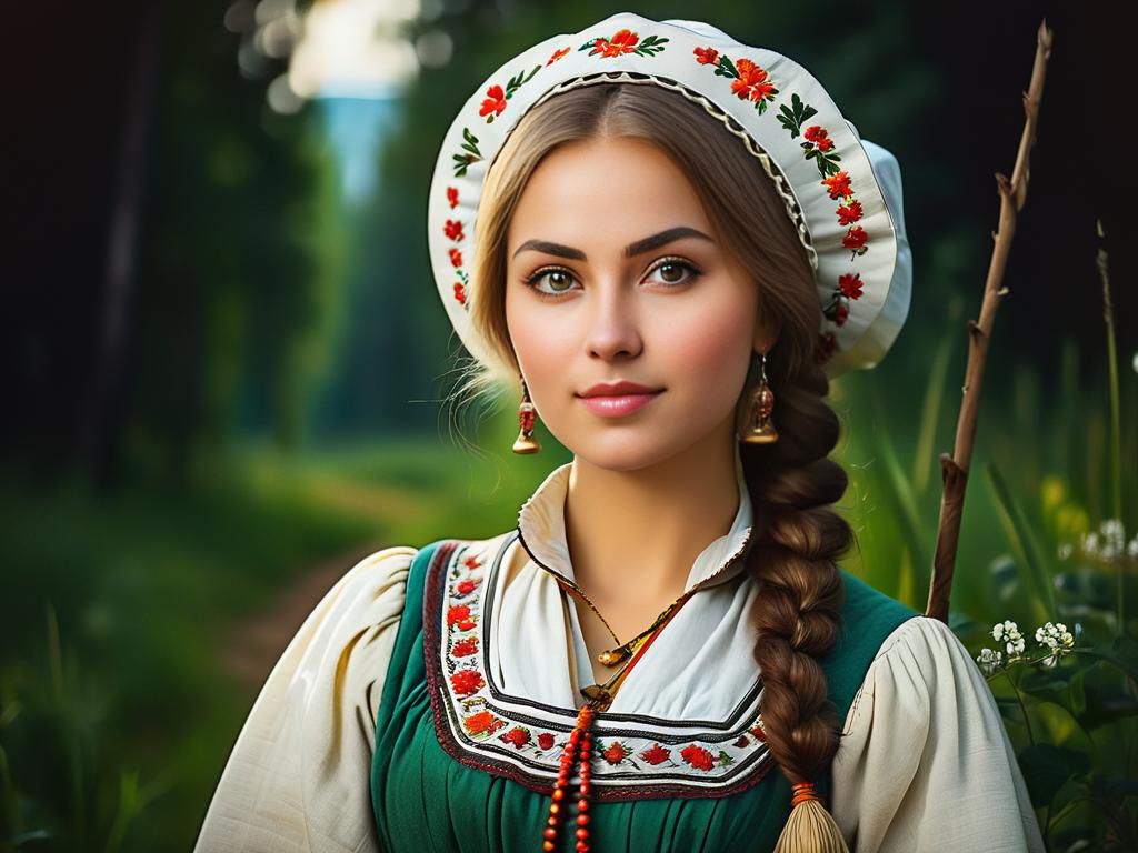 Портрет молодой девушки в традиционной крестьянской одежде 19 века
