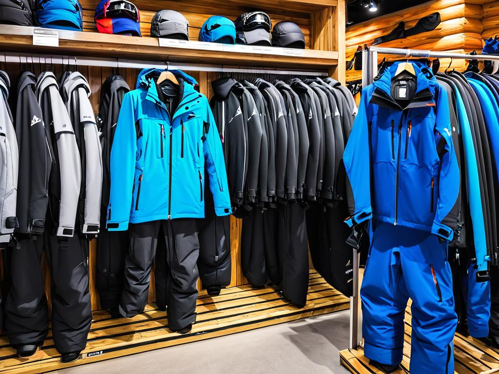 Разные размеры мужских зимних горнолыжных костюмов висят в магазине спортивных товаров