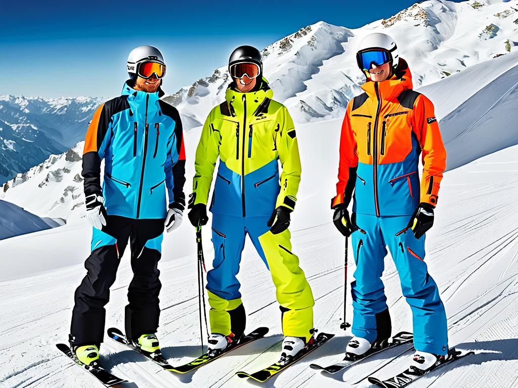 На фото представлены различные модели мужских горнолыжных костюмов: гоночные, фрирайд и свободного
