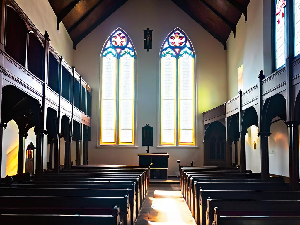 Интерьер старой лютеранской церкви, солнечный свет проникает через витражи