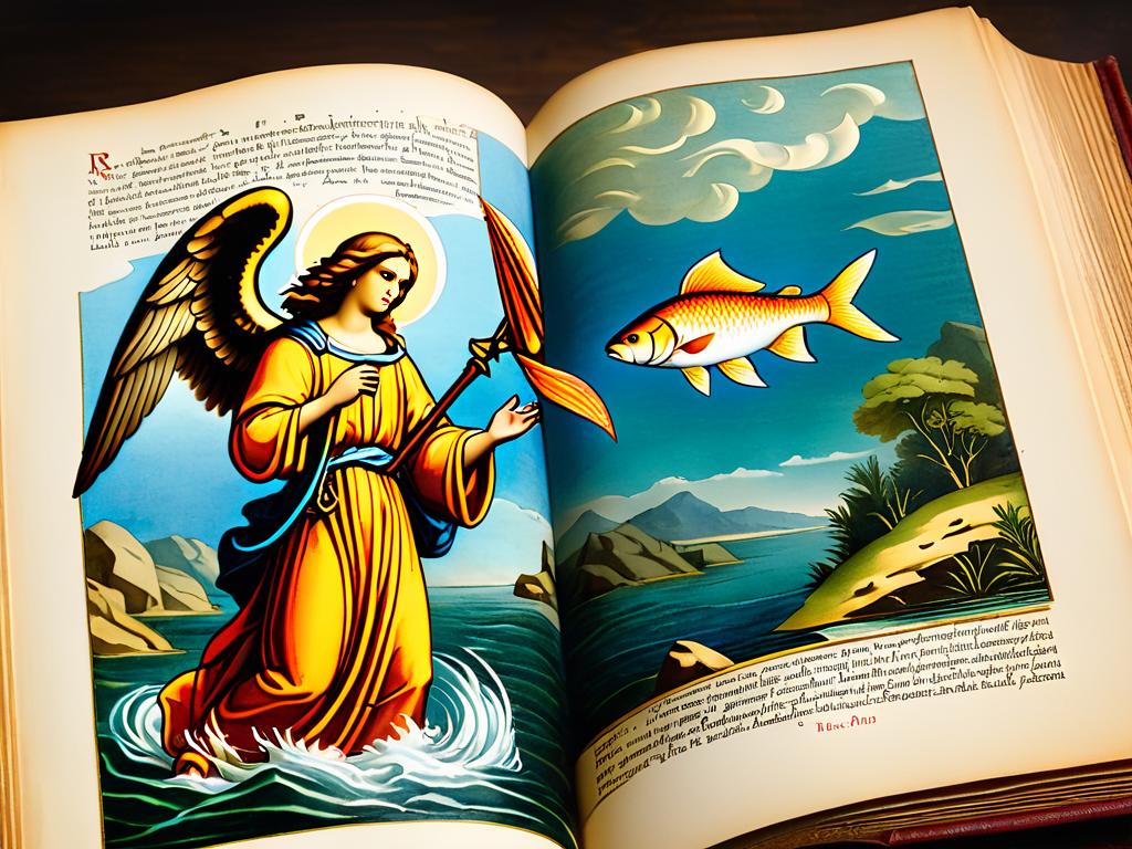 Старая иллюстрированная книга с изображением архангела Рафаила с рыбой на открытой странице