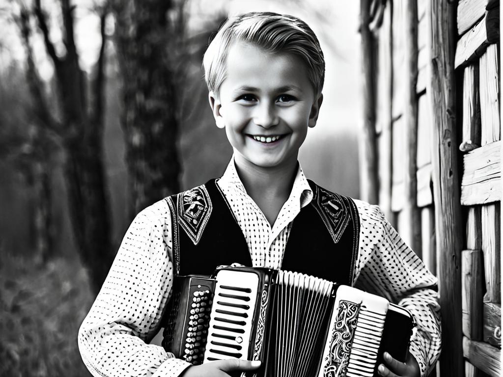 Черно-белая фотография юного Петра Лещенко в русском народном костюме с аккордеоном. У него