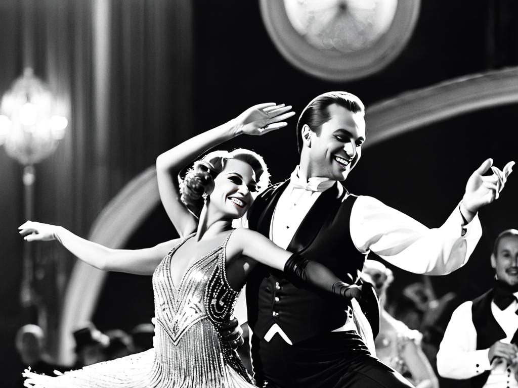 Черно-белая фотография Петра Лещенко и его первой жены Зинаиды Закитт, танцующих вместе на сцене.