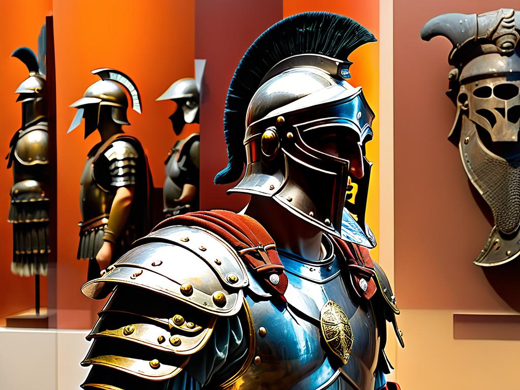 Древнеримские доспехи гладиатора - шлем и поножи в музейной экспозиции