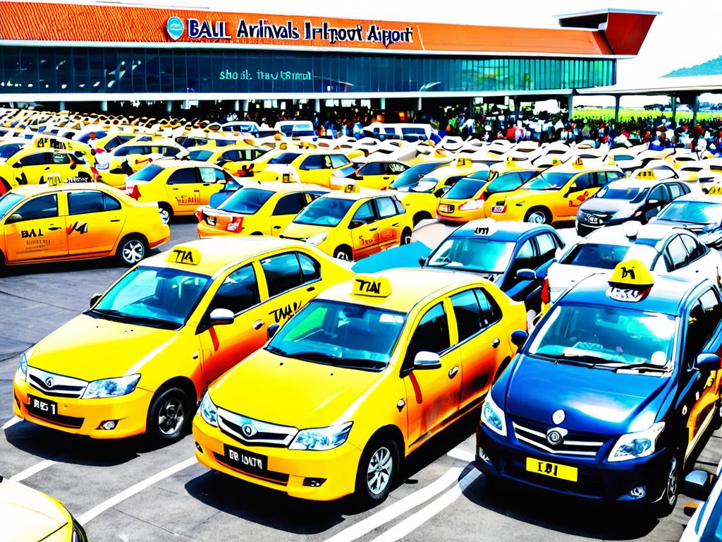 Много такси ждут у терминала прилета аэропорта Бали, чтобы отвезти пассажиров в отели