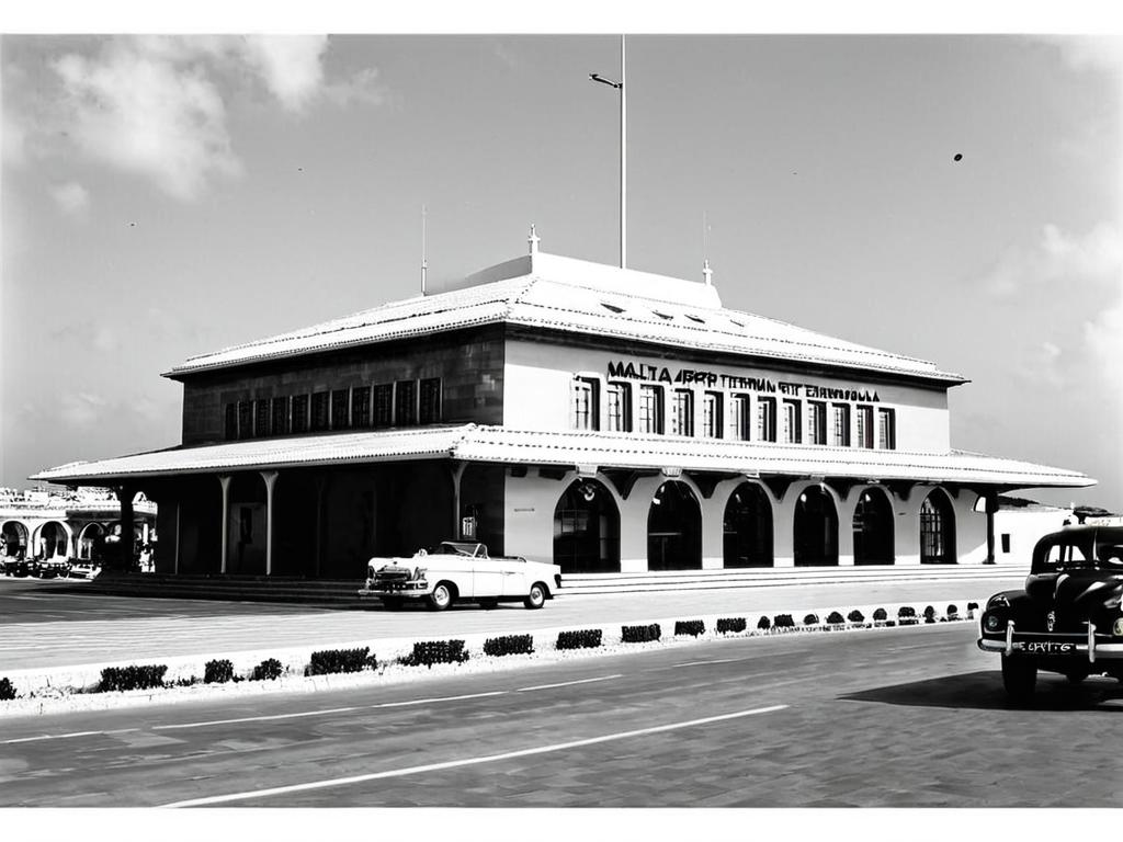 Старое черно-белое фото первого терминала аэропорта Мальты 1950-х годов