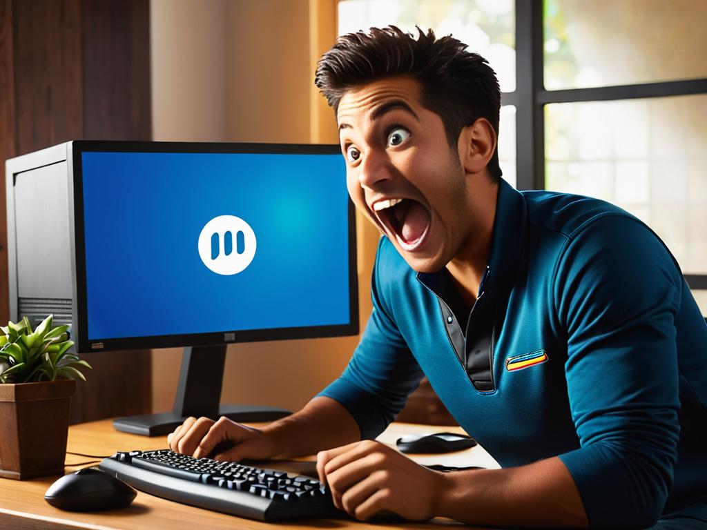 Человек смотрит на экран компьютера с восторженным выражением лица, что символизирует радость от
