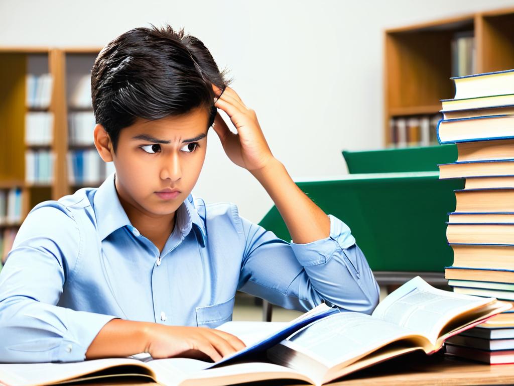 Растерянный студент чешет голову, глядя в учебник