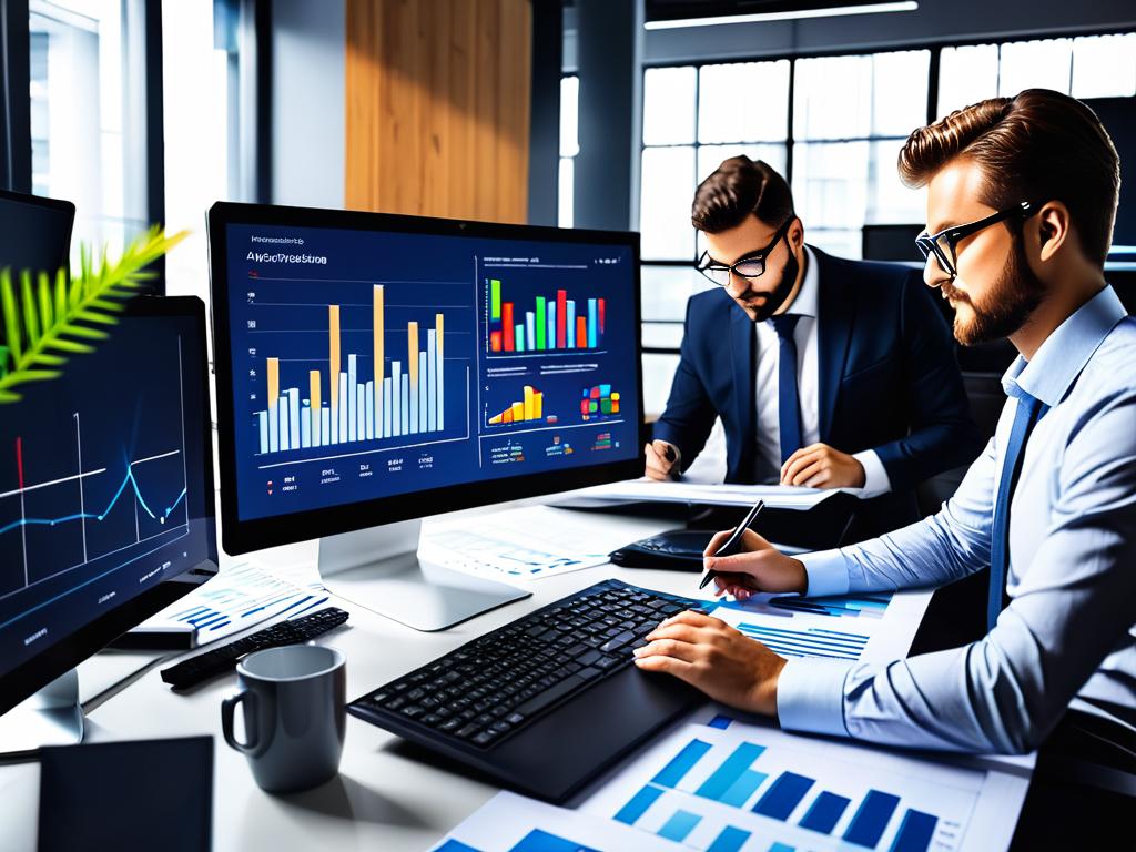 Люди работают в офисе с графиками и расчетами на компьютерах, аналитические навыки полезны в бизнесе