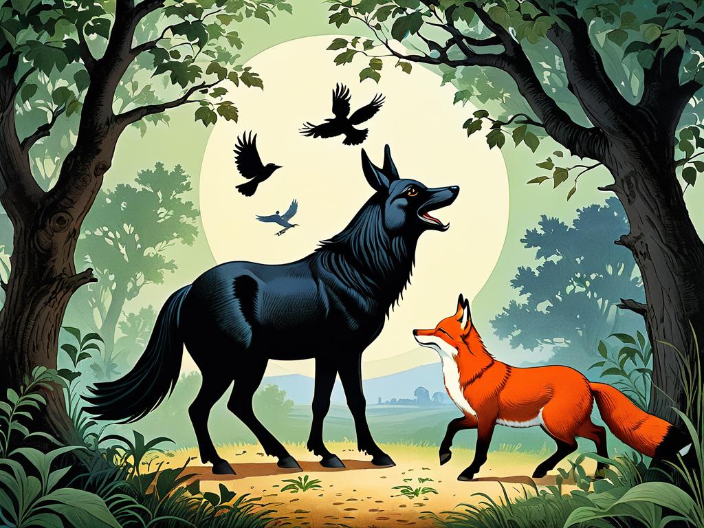 Иллюстрация с персонажами басен Крылова, такими как ворона, лиса, осел и соловей, беседующими друг