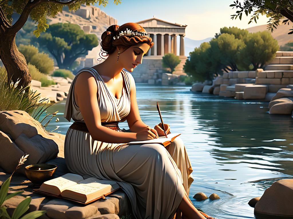 Древнегреческий поэт, вдохновляемый музой у реки