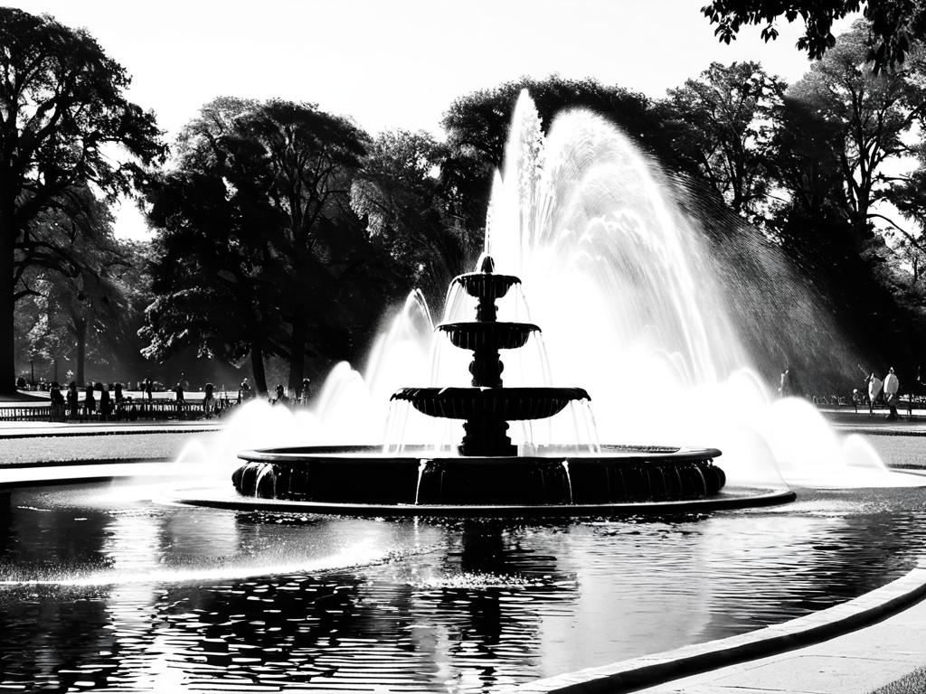 Черно-белая фотография парка с фонтаном на переднем плане. Люди гуляют на заднем плане.