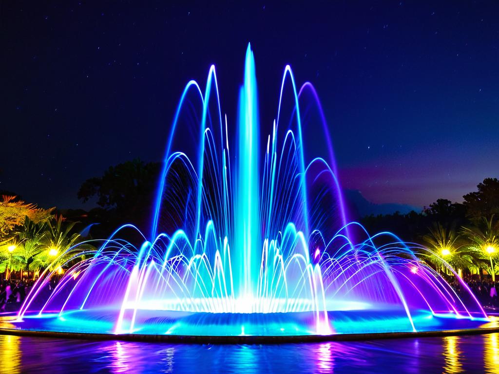 Красочная фотография большого ночного фонтана с подсветкой. Струи воды светятся голубым и