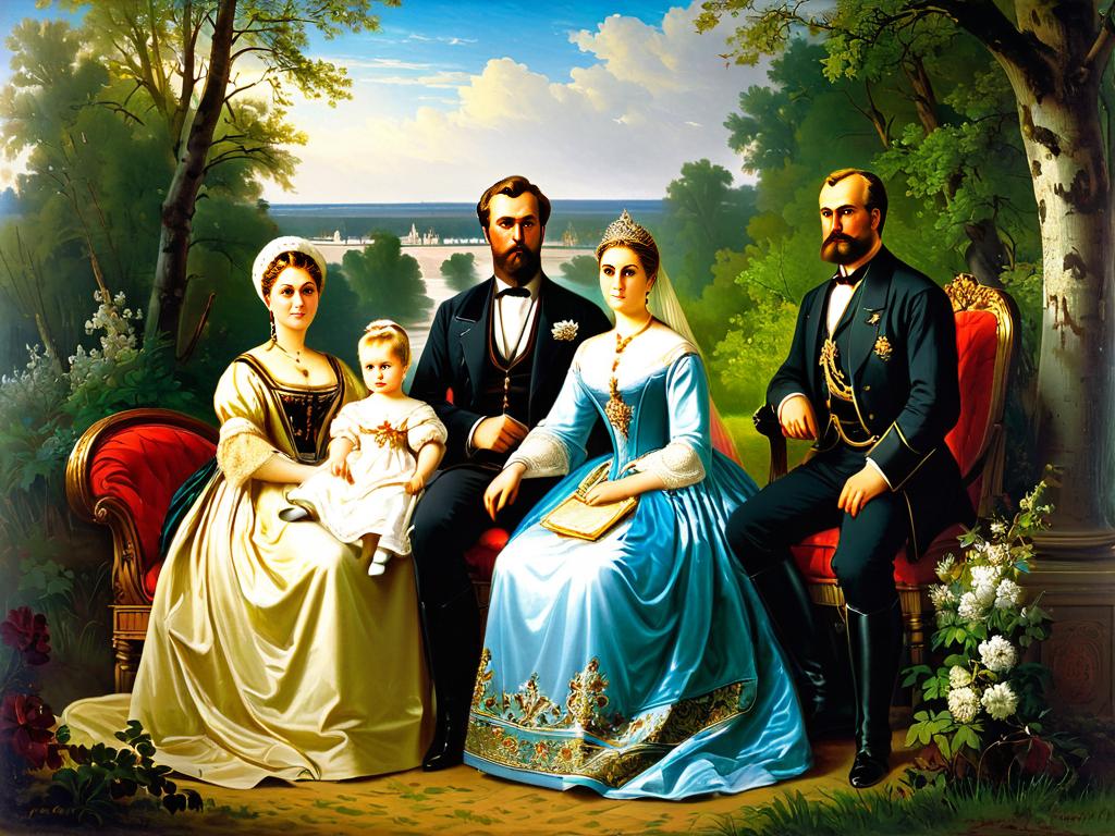 Живописное полотно, изображающее русскую дворянскую семью XIX века. Создает исторический контекст