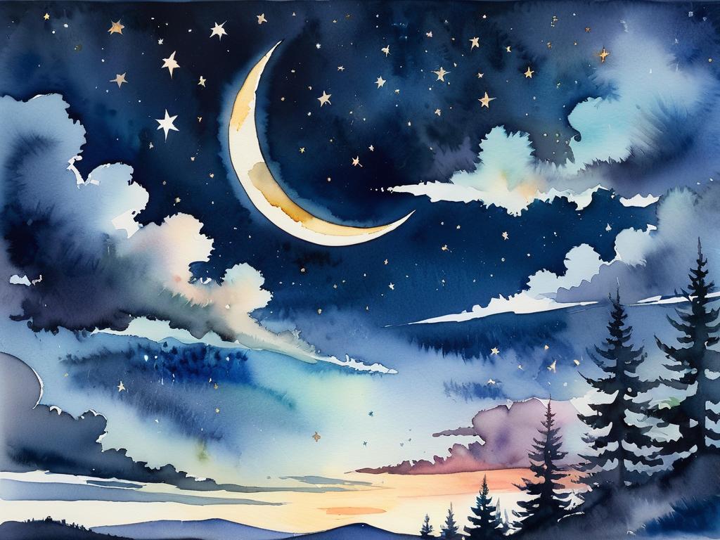 Акварельная картина, изображающая ночное небо с полумесяцем, звездами и тучами, внимающими песне